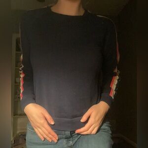 Medium Time and Tru Navy Sweater with Striped Sleeves